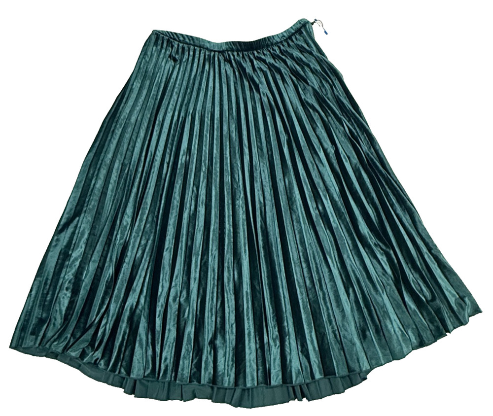 Anne Klein Velvet Pleated Midi Skirt XL Pine Forest Green Elastic Waist NWT